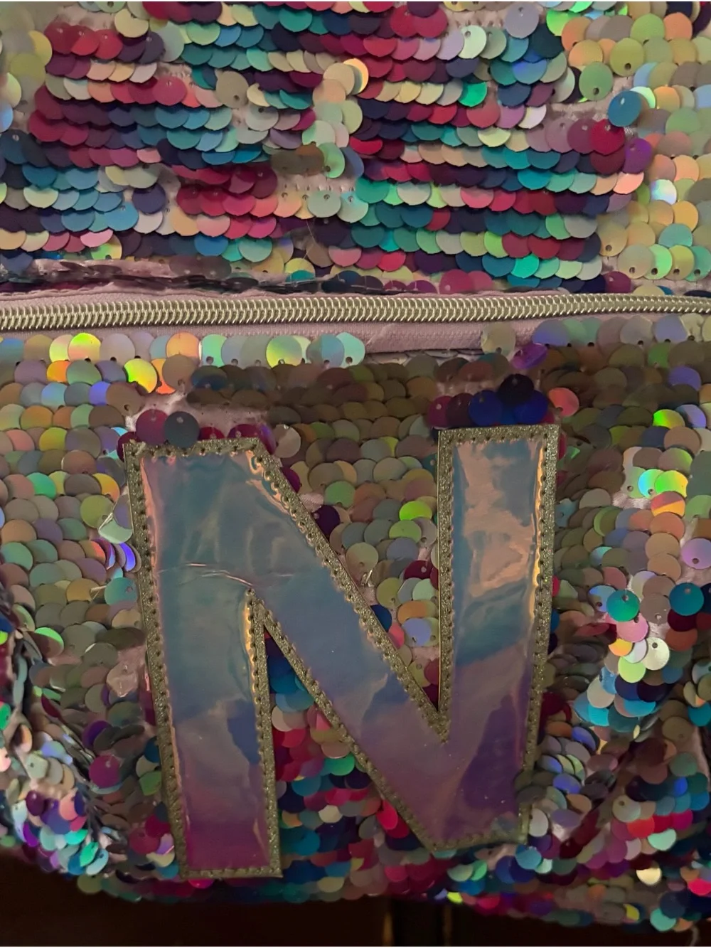 Justice Iridescent Sequin Backpack - Lavender, Teal, Pink, initial “N”